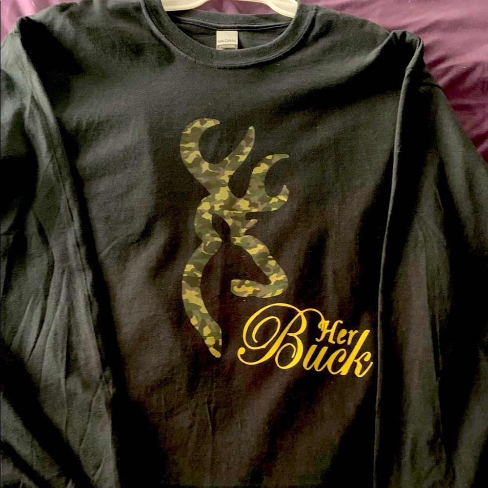 His and hers long sleeve shirts.  Hand made "her doe" is a med and "her buck" lg